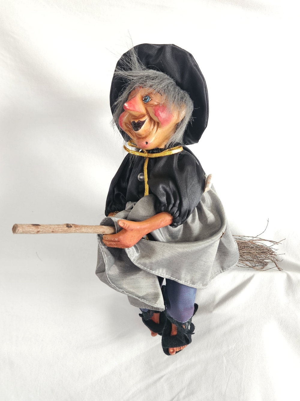 Vintage Kasma Porcelain Hanging Kitchen Witch Doll on Broomstick Primitive Folk